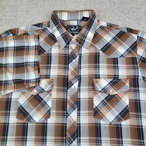 Roper Western Pearl Snap Shirt Mens Large Brown Plaid Short Sleeve Flap Pockets
